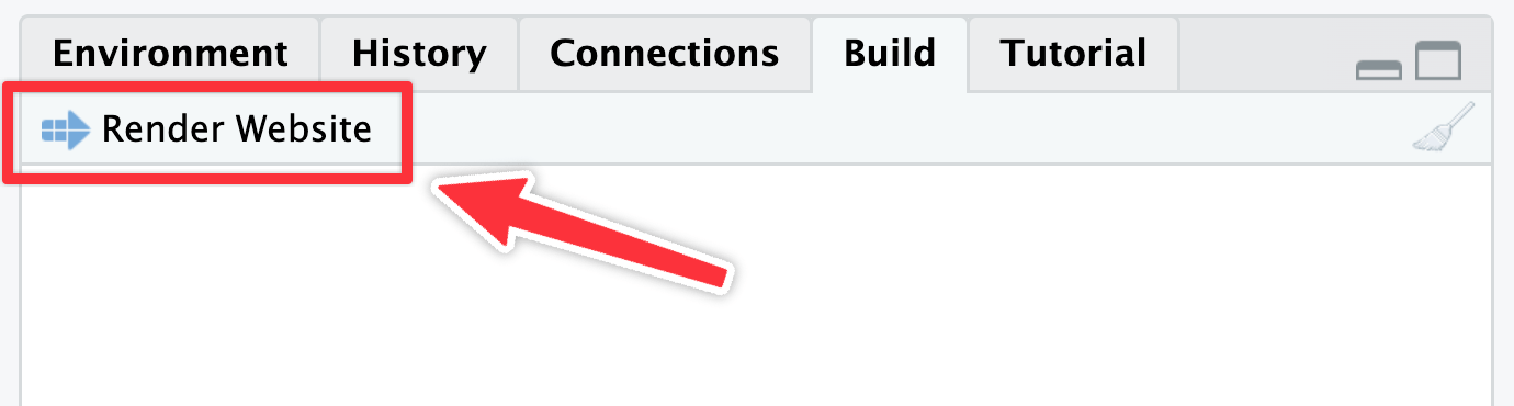 Screenshot of the RStudio Build panel. A red box and red arrow highlight the 'Render Website' button.